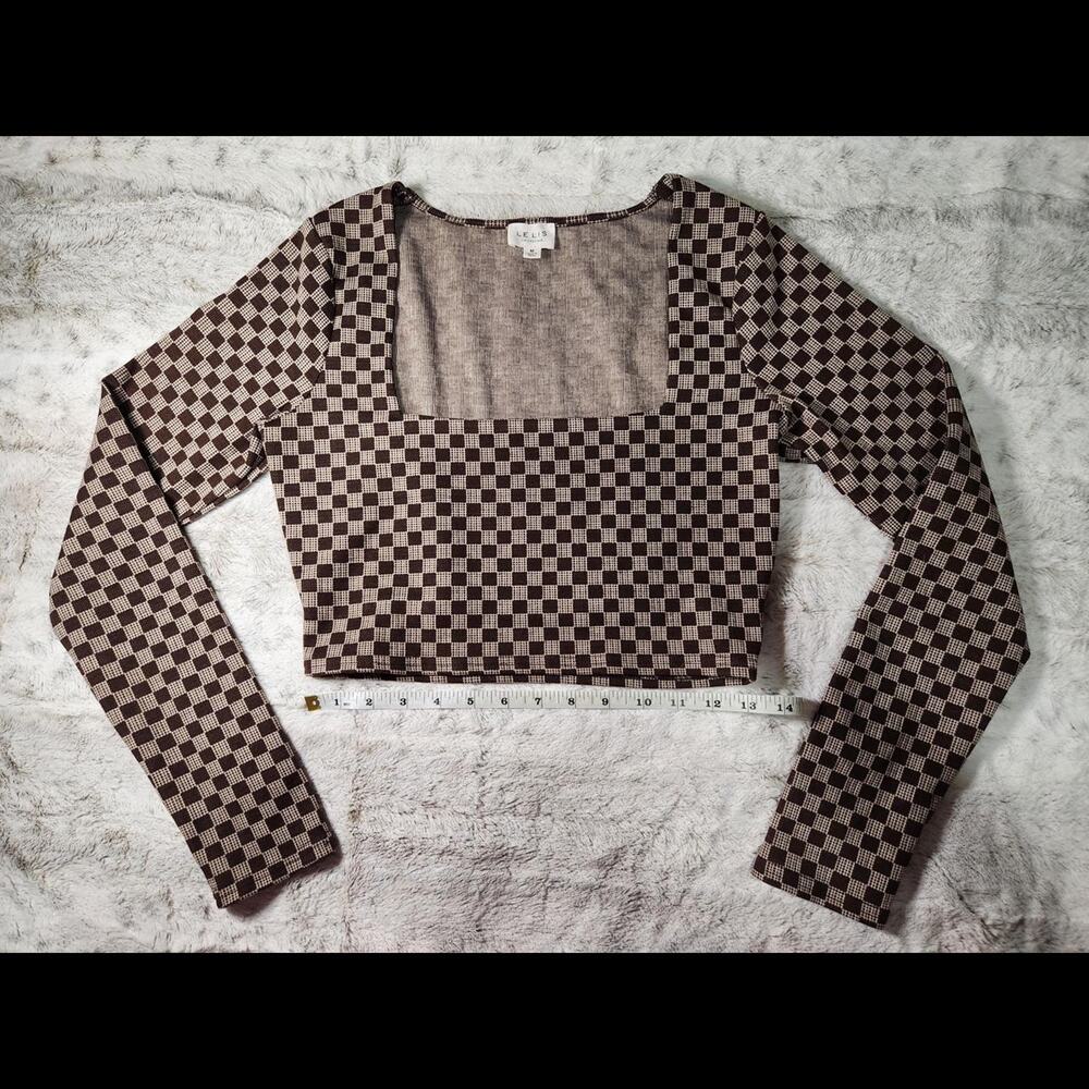 Lelis Heavy Weight Brown Checkered Long Sleeve Crop Top Size M